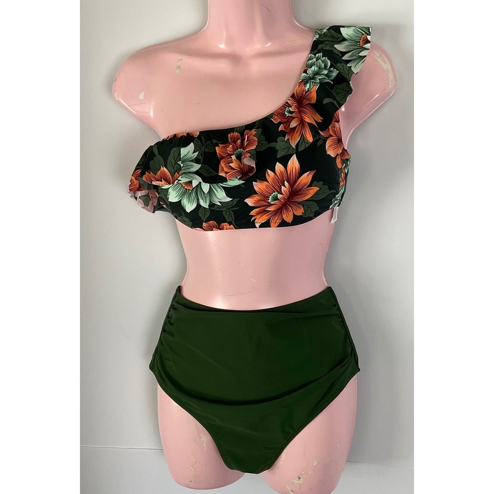 Cupshe Womens One Shoulder Floral Ruffle Bikini Set High Waisted Green Black M